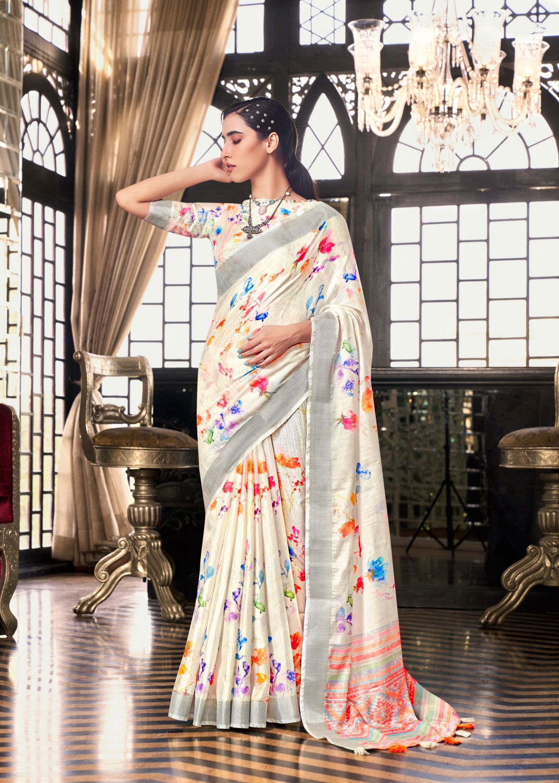 Shreyans White Fields Floral Party Wear Sarees Catalog